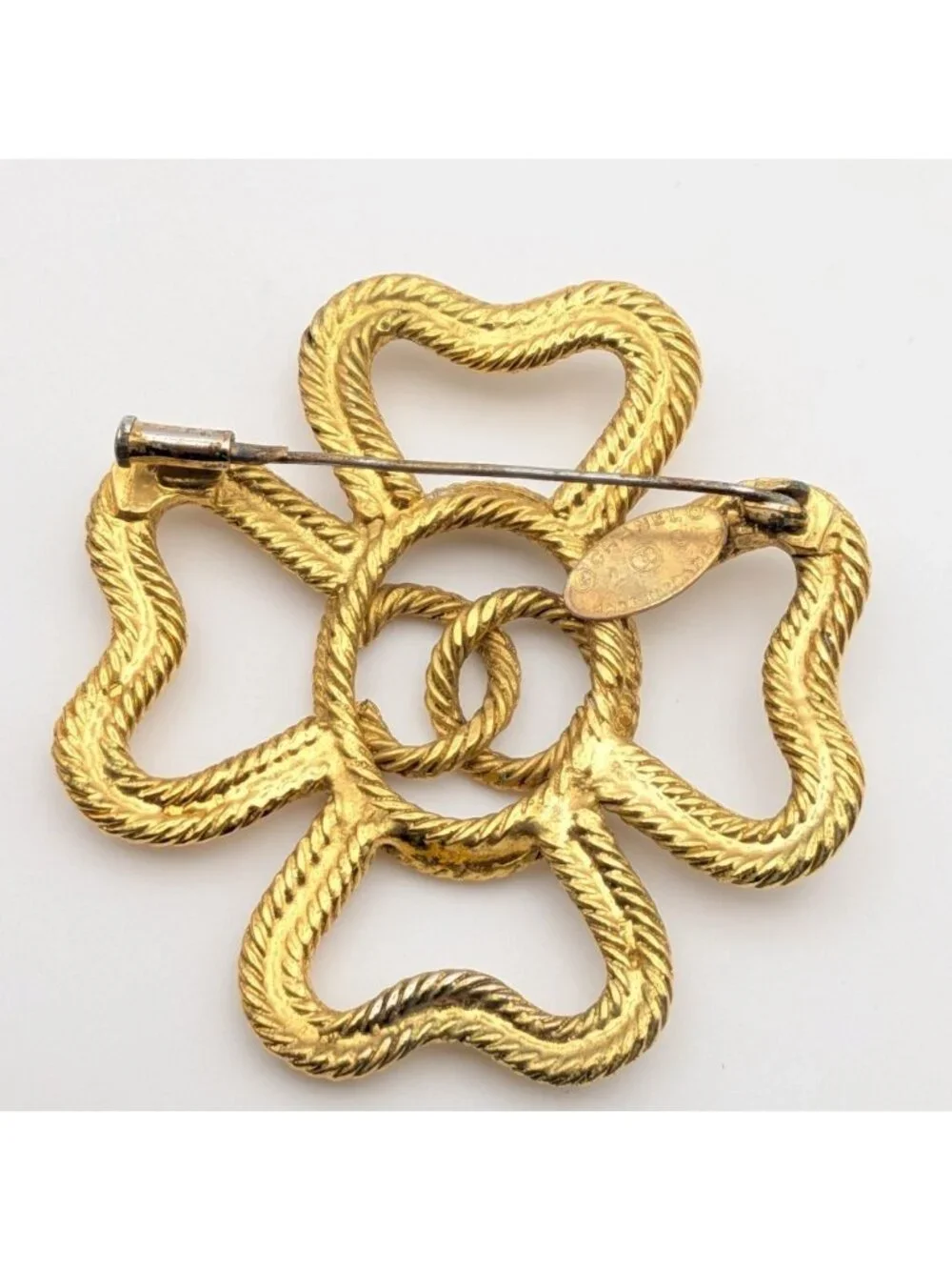 Chanel Brooch CC Logo Twisted Rope Sheer Clover Gold 28 Vintage